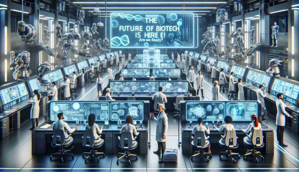 A high-definition realistic image depicting the future of biotechnology. The scene contains futuristic biotech labs filled with advanced machines and autonomous robots working on various innovative medical and environmental projects. There should be bioengineers, with a balanced representation of men and women from various descents such as Caucasian, Middle-Eastern, Black, Hispanic, South Asian, and White. They are engrossed in their tasks, studying data on holographic screens, and manipulating DNA with precision tools. Overhead, a digital signage prominently displays the phrase: 'The Future of Biotech is Here! Are We Ready?'