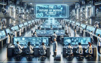 A high-definition realistic image depicting the future of biotechnology. The scene contains futuristic biotech labs filled with advanced machines and autonomous robots working on various innovative medical and environmental projects. There should be bioengineers, with a balanced representation of men and women from various descents such as Caucasian, Middle-Eastern, Black, Hispanic, South Asian, and White. They are engrossed in their tasks, studying data on holographic screens, and manipulating DNA with precision tools. Overhead, a digital signage prominently displays the phrase: 'The Future of Biotech is Here! Are We Ready?'