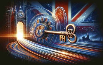 Generate a detailed, high-definition image showcasing the concept of unlocking potential through spin-outs in the UK. This image should comprise a symbolic key opening a door with hints of technological elements, indicative of innovation. A striking British landmark can be subtly incorporated in the background to represent the UK. Besides, dynamic traces of wheels spinning out could capture the essence of 'spin-outs.' This allegorical composition must express the time for innovation.